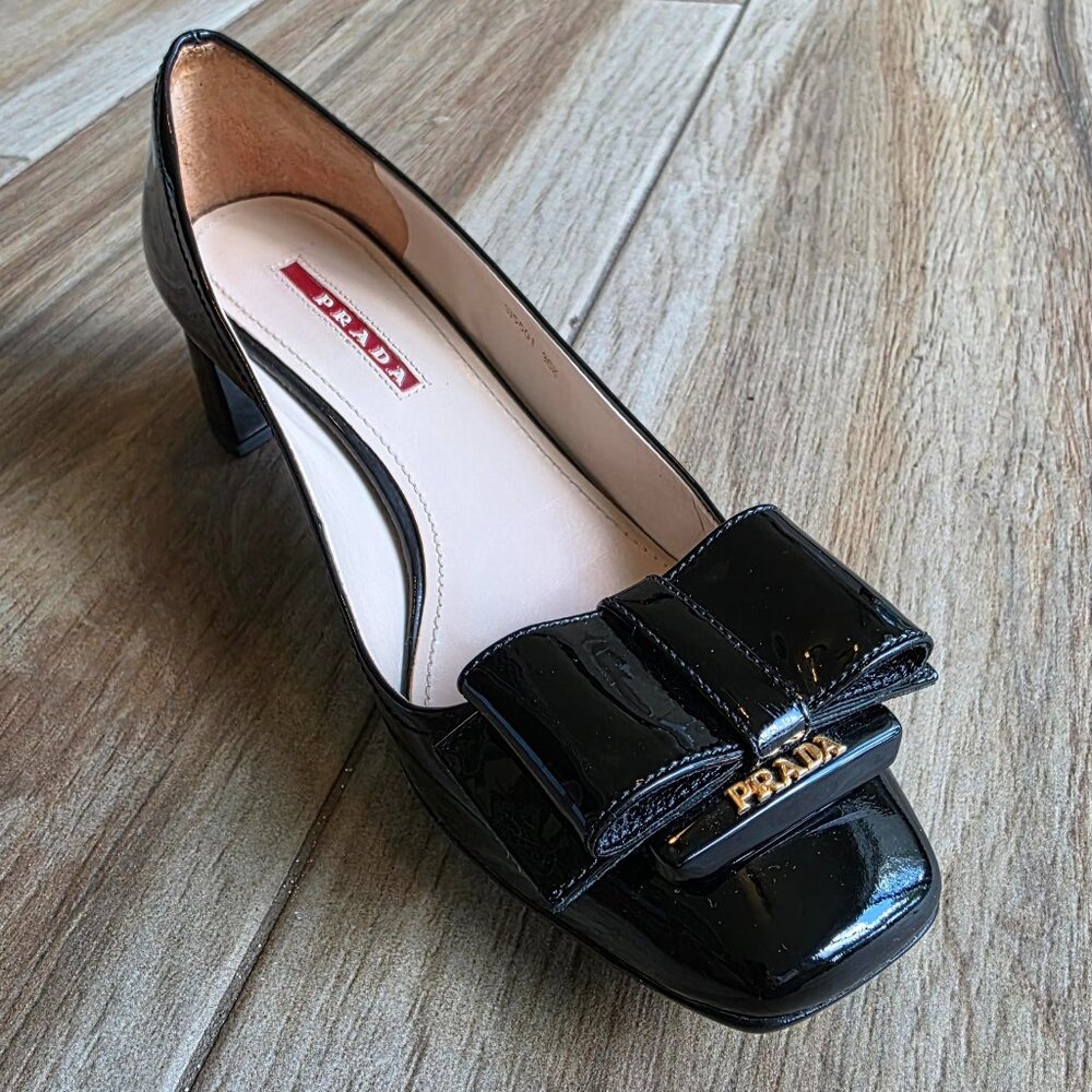 PRADA Bow Chunky Heel Black Patent Leather Shoes Eur. 36.5